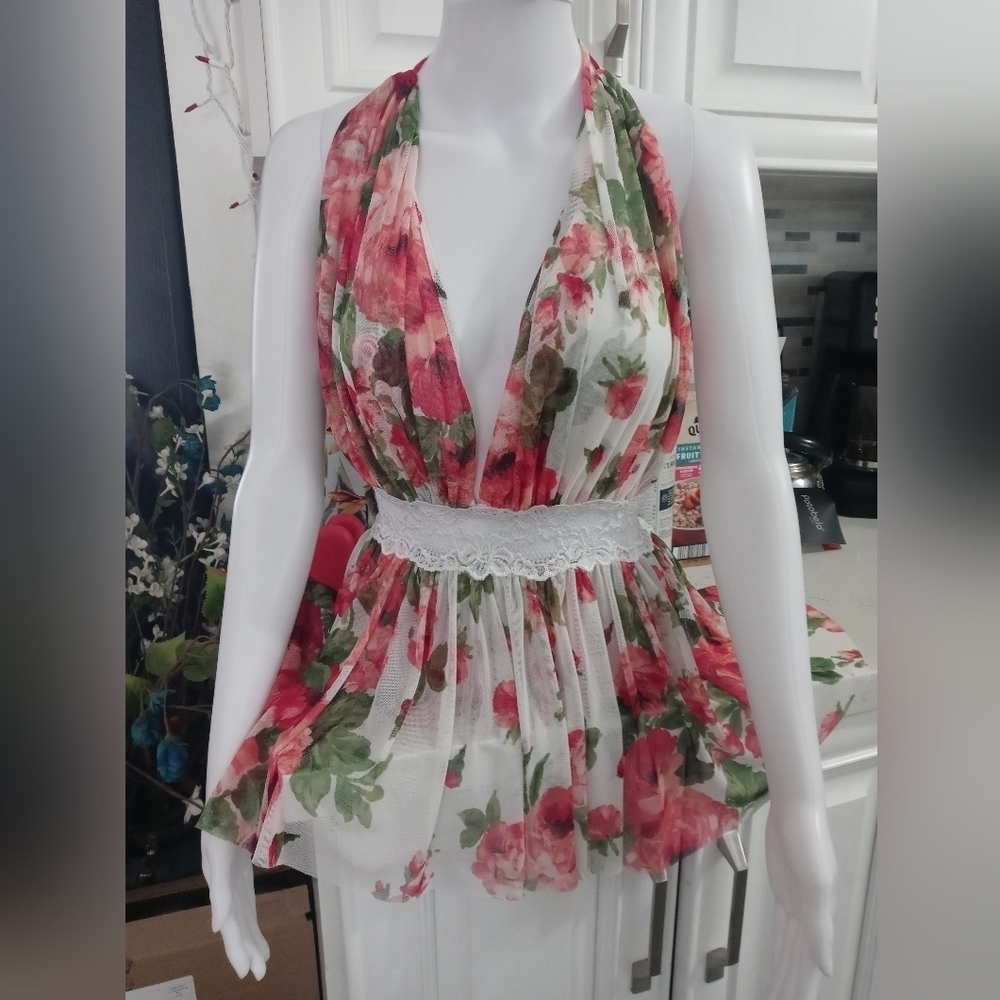 Lulu's Floral Sheer Mesh Halter Romper With Lace Mid Drift Bare Back SM